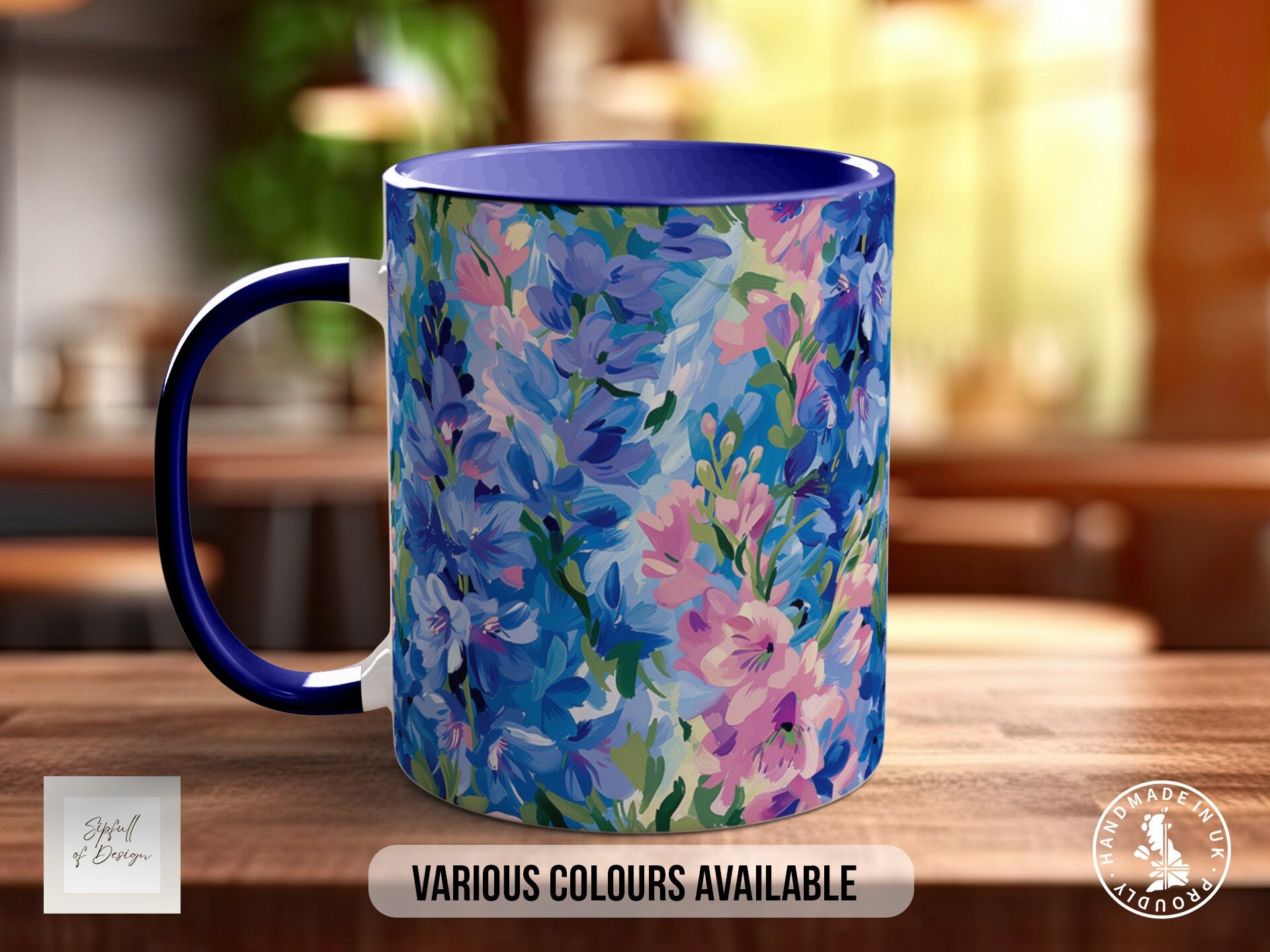 Birth Month Flowers Mug - July Larkspur and Water Lily - Coloured 11oz, Bone China 10oz and 15oz and Latte 12oz options