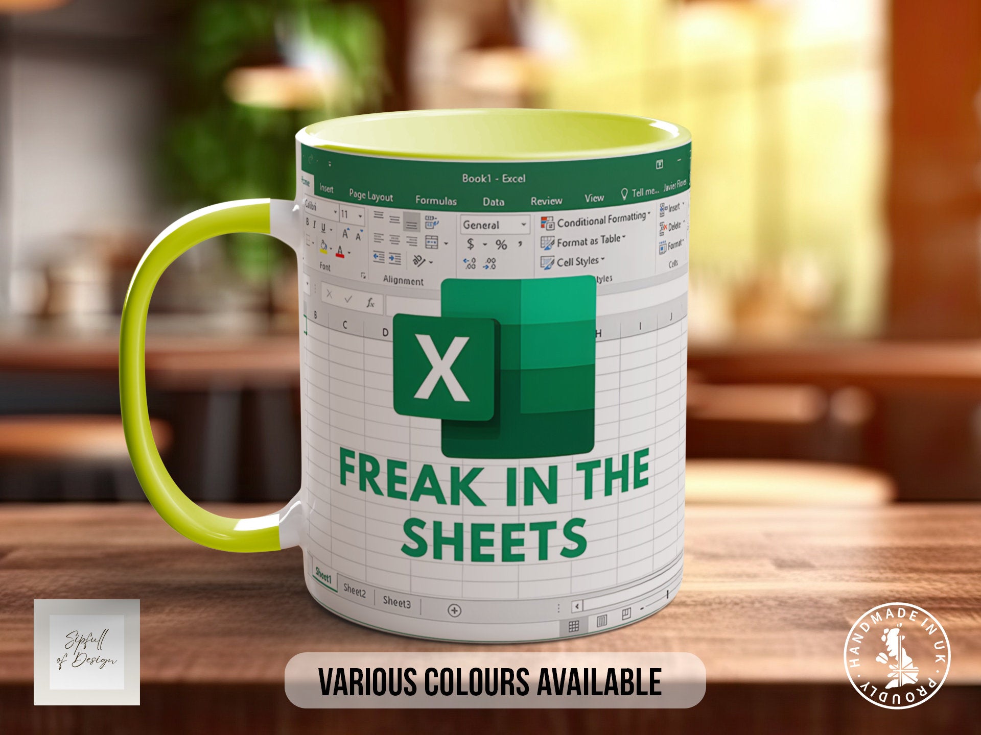 a coffee mug with the words freak in the sheets on it with a spreadsheet as a background