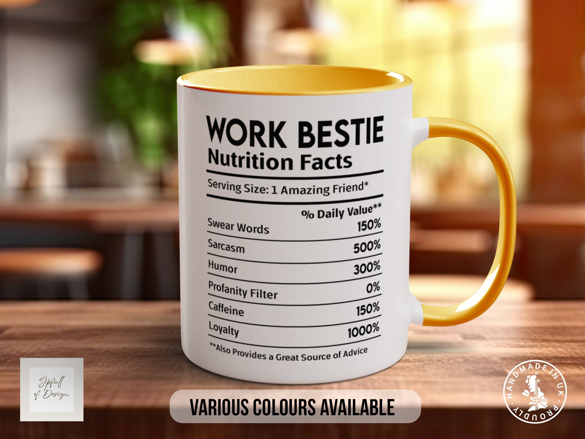 Work Bestie Funny Nutritional Facts Mug - Coloured 11oz, Bone China 10oz and 15oz and Latte 12oz options