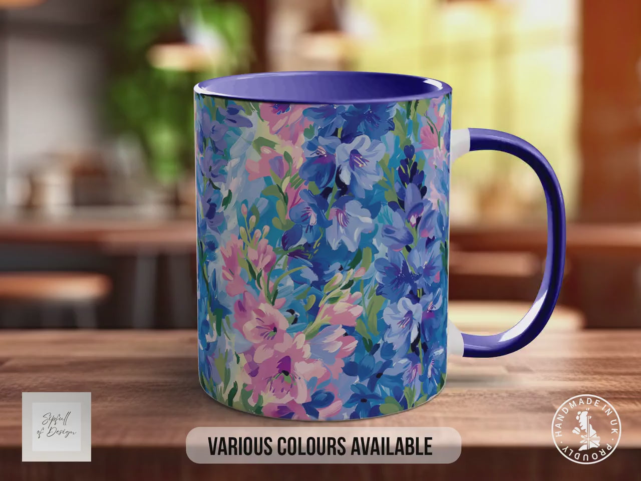 Birth Month Flowers Mug - July Larkspur and Water Lily - Coloured 11oz, Bone China 10oz and 15oz and Latte 12oz options